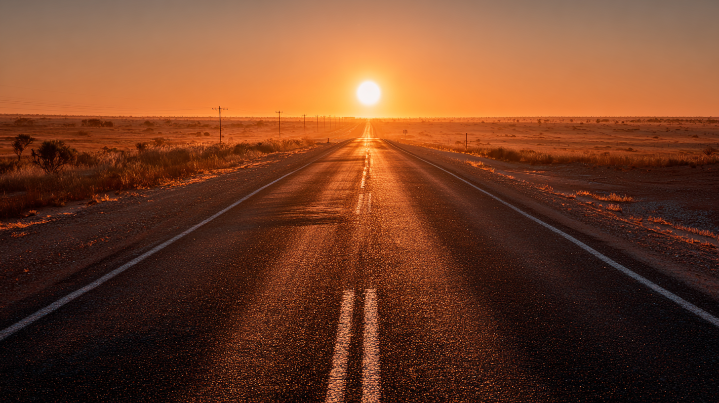 Long Australian road stretching into a glowing sunset.
