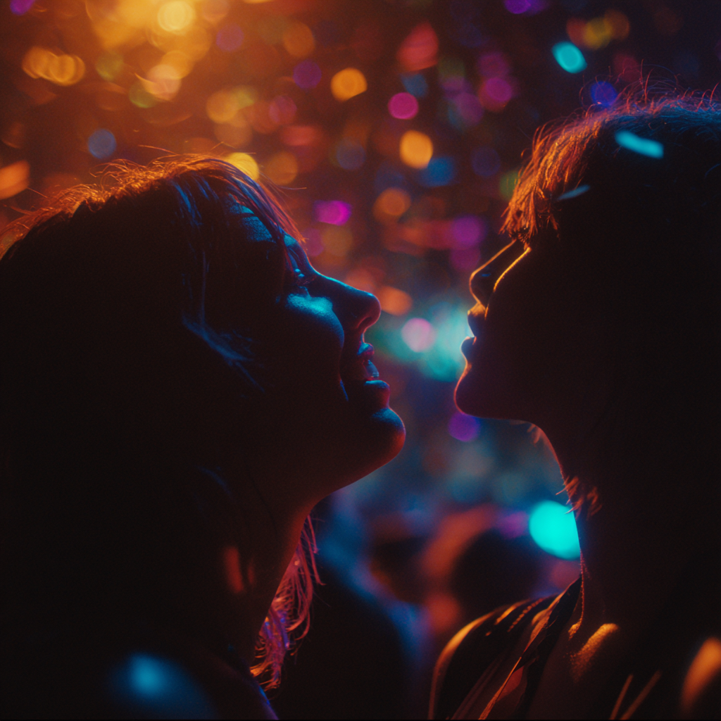 Close-up of festivalgoers under colorful glowing lights.