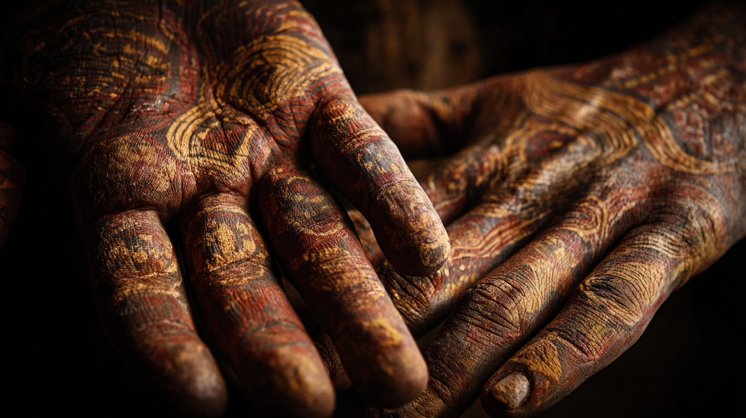 Close-up of ochre hands painting traditional Aboriginal patterns.
