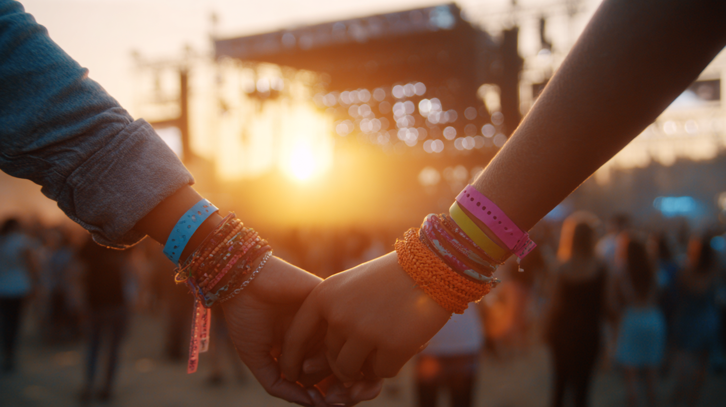 Festivalgoers in warm sunset light with glowing wristbands.