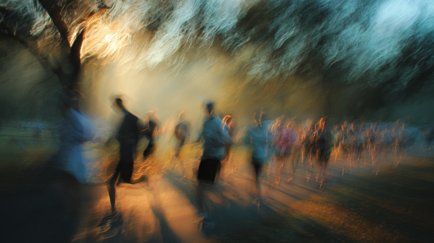 Runners moving through a sunlit park at sunrise.