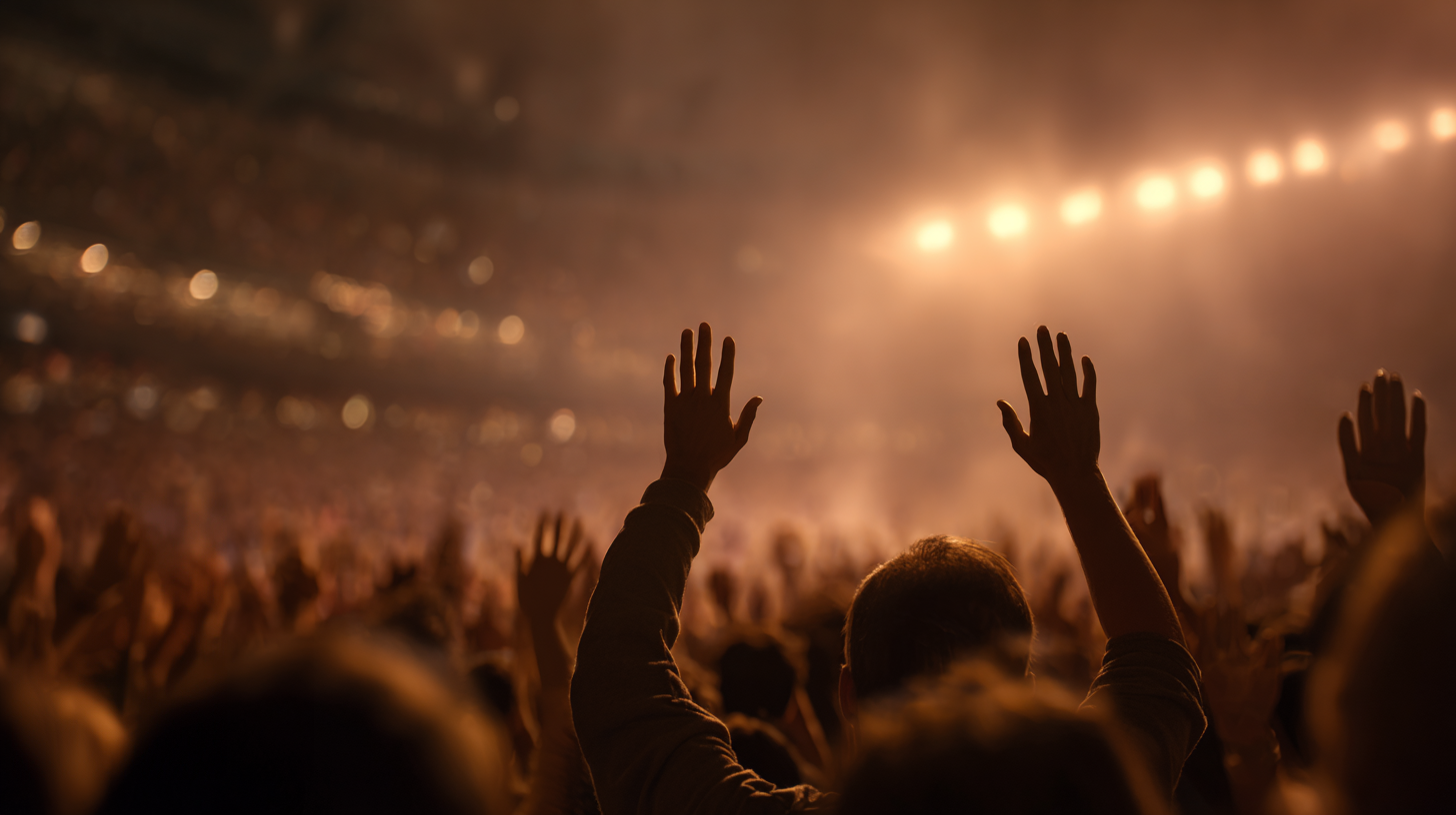 Crowd silhouettes cheering under warm stadium lights.