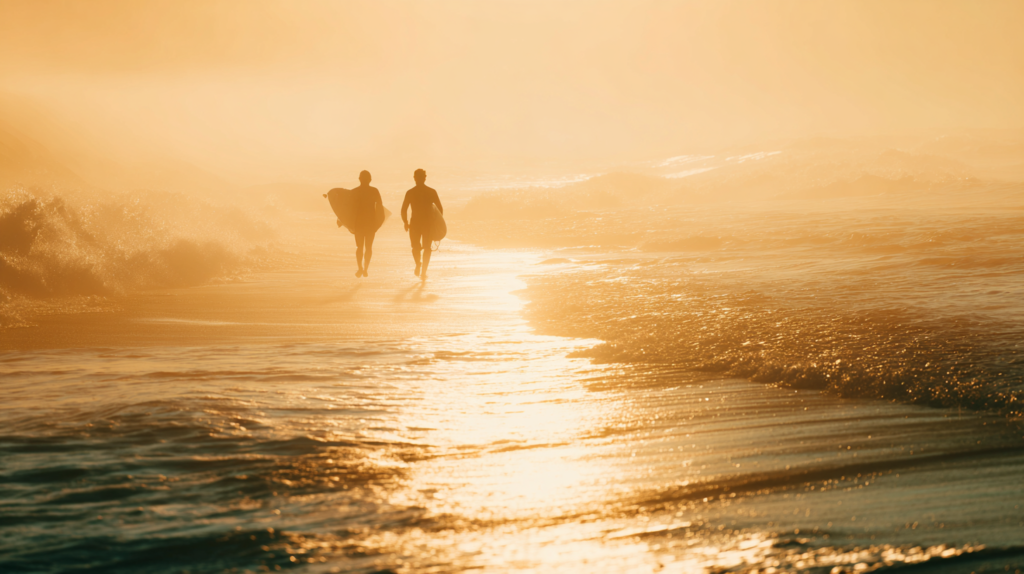 Surfers running toward glowing morning waves in soft golden light.