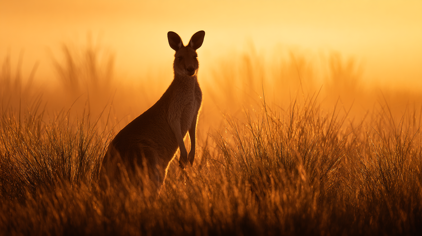 Kangaroo silhouette standing in tall sunrise grass.
