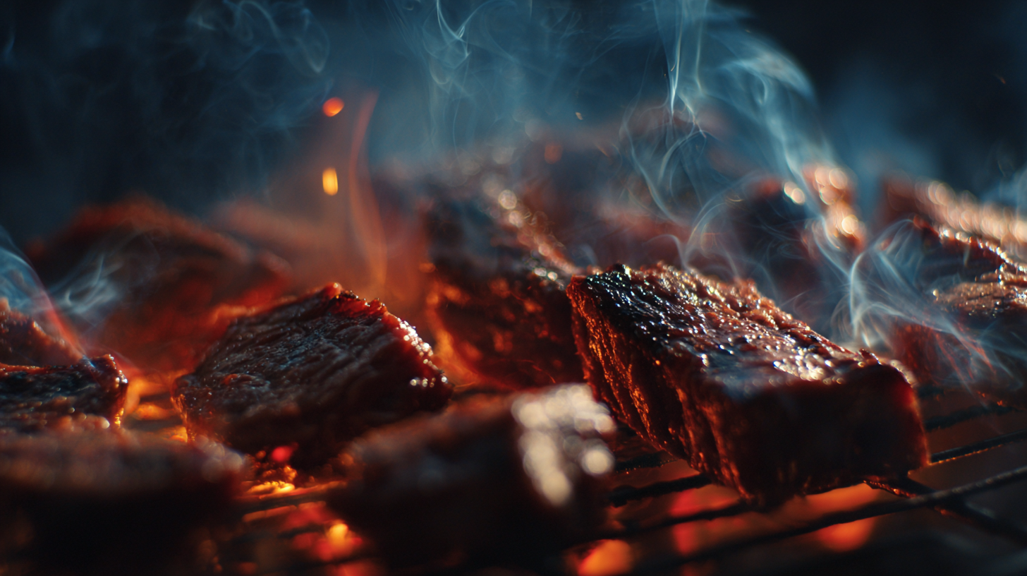 Close-up of sizzling barbecue meat glowing over embers.