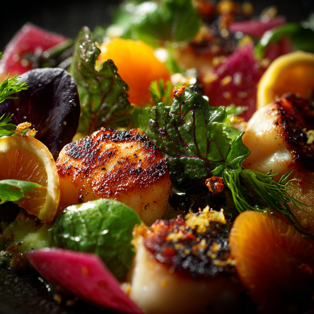 Close-up of vibrant Australian ingredients with rich textures and warm light.
