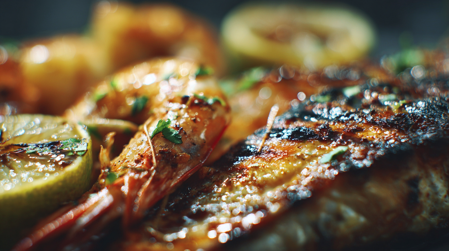 Close-up of grilled Australian seafood with citrus glaze.