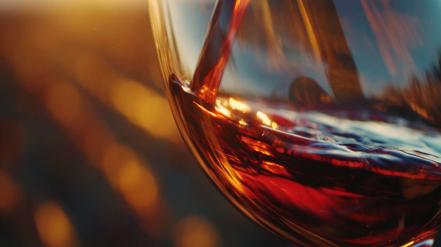 Close-up of swirling wine catching warm sunset tones.