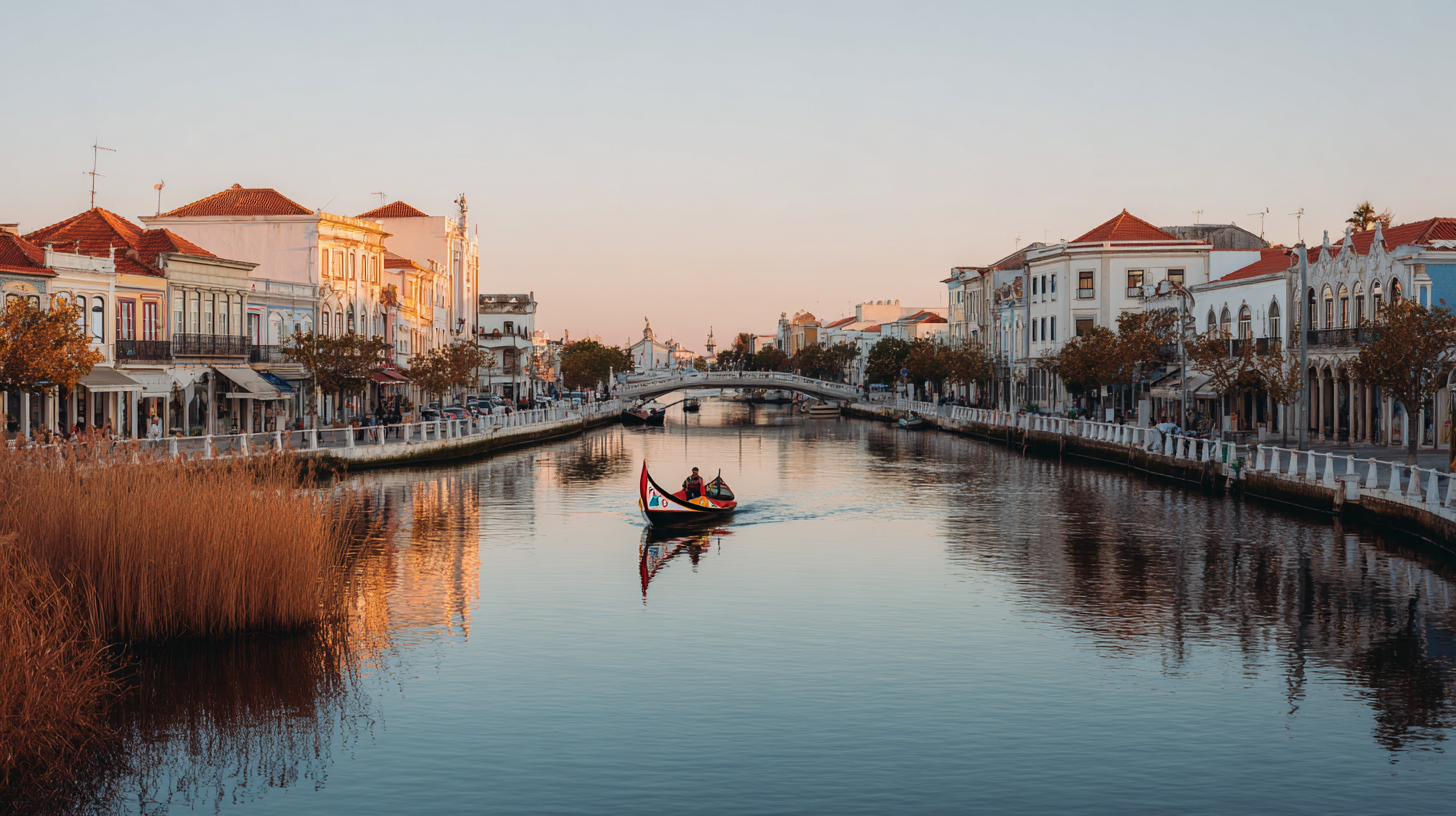 Moliceiro boat gliding along Aveiro’s canal at golden hour, with bridges and soft lagoon reflections.