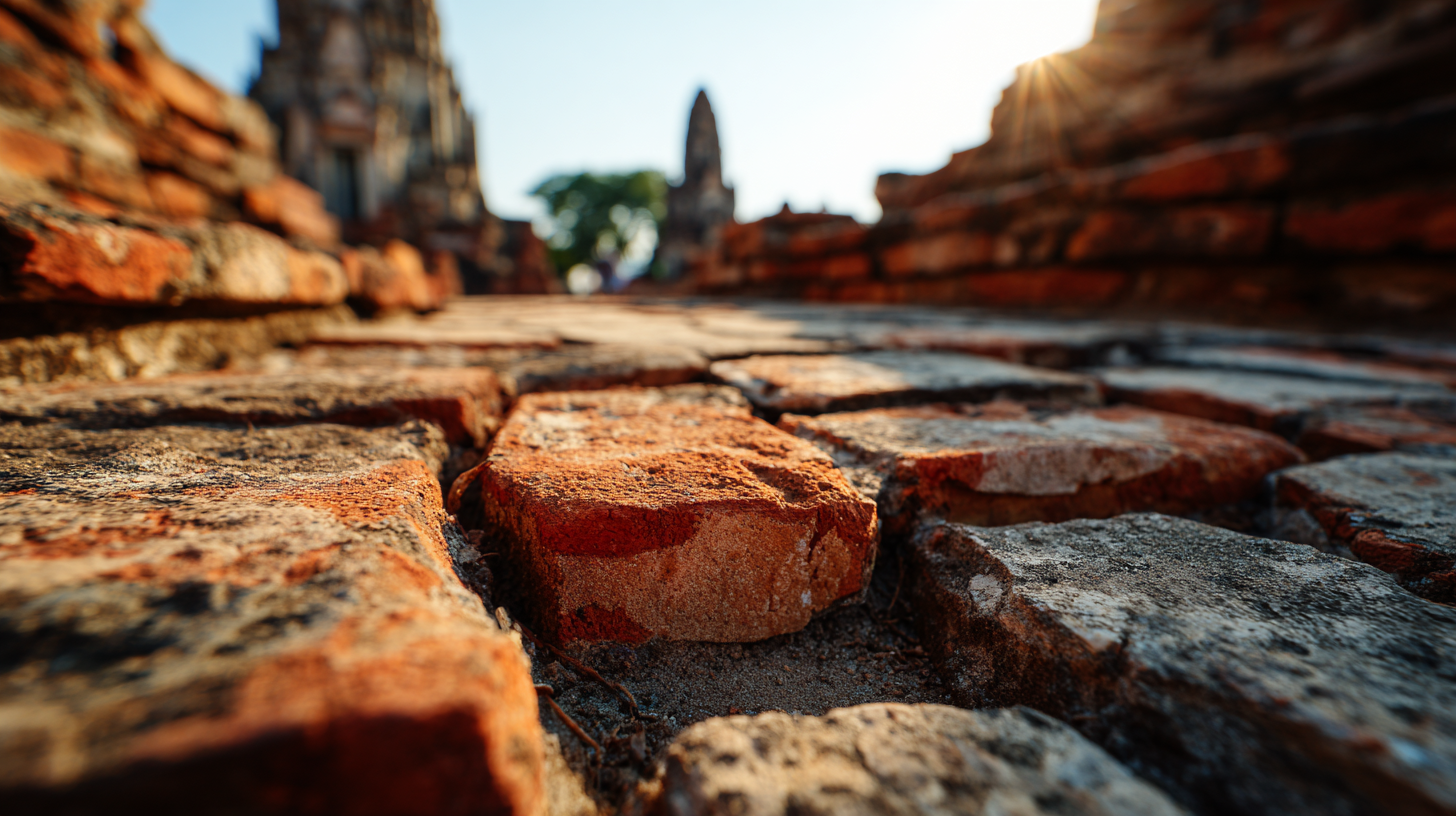 Close-up of weathered Ayutthaya bricks with temple silhouette.