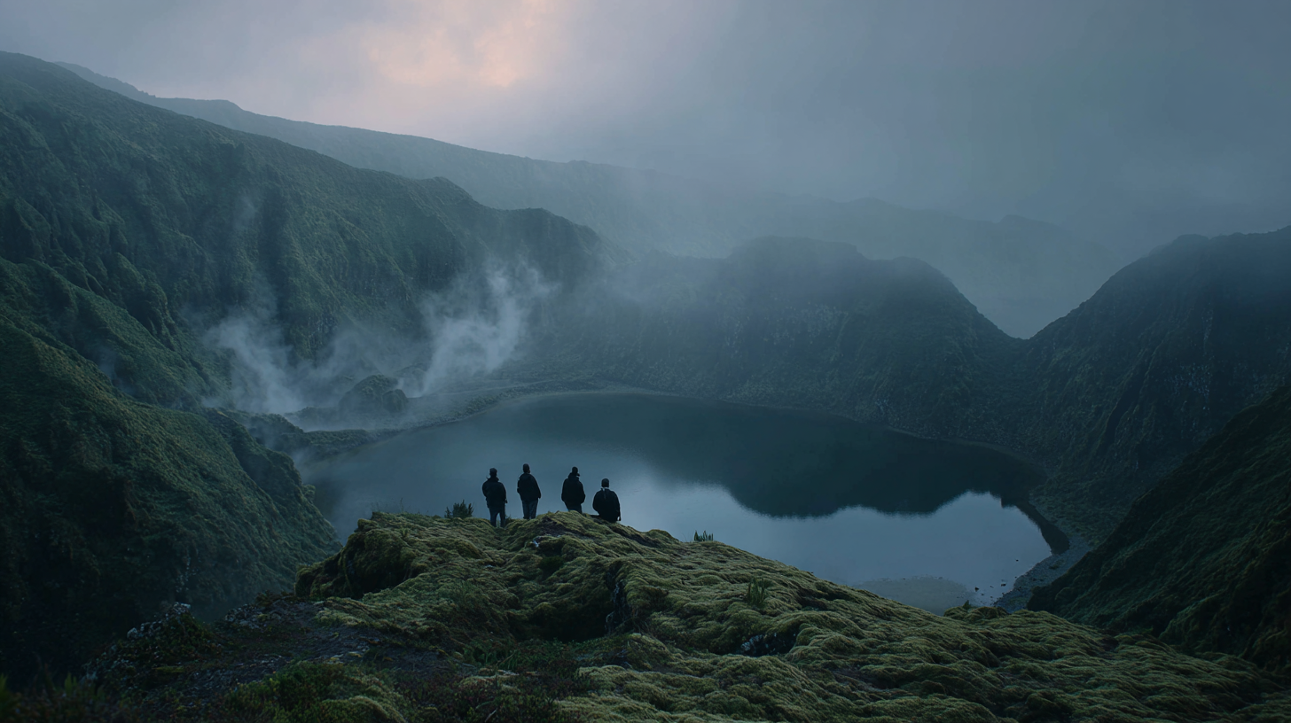 Travelers observing a crater lake in the Azores with geothermal steam.