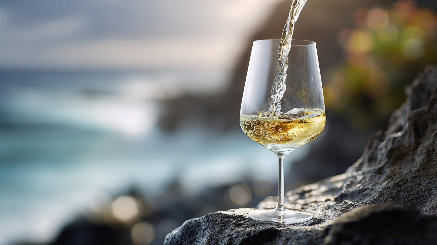 Close-up of Azorean white wine on a basalt wall by the sea.