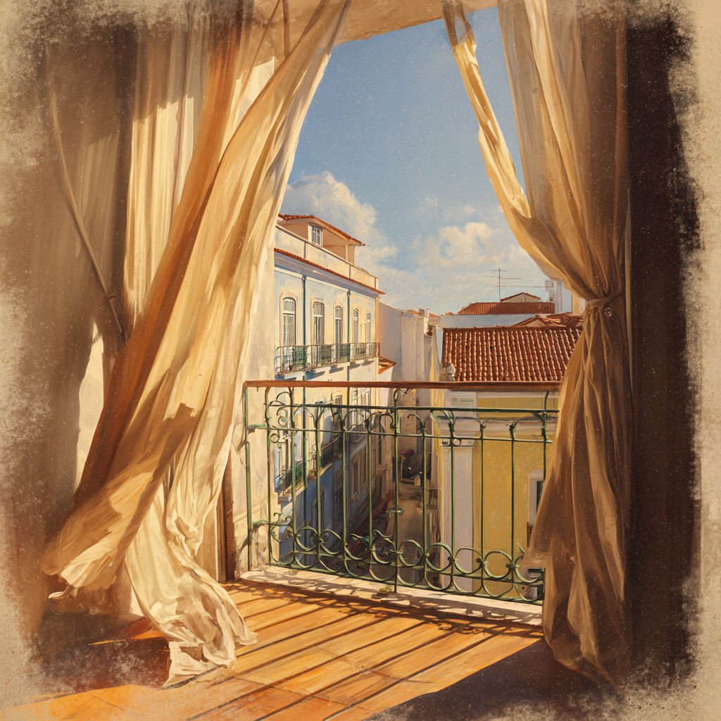 A poetic scene of an empty balcony with a flowing curtain, overlooking a Portuguese street bathed
