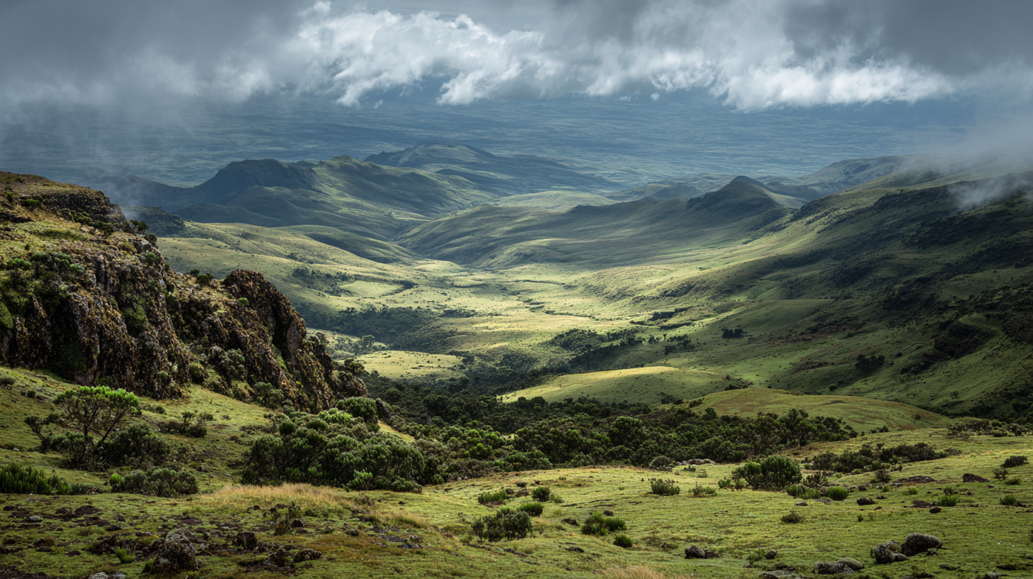 Ethiopian wolves roaming the misty Afro-alpine landscape of the Bale Mountains.