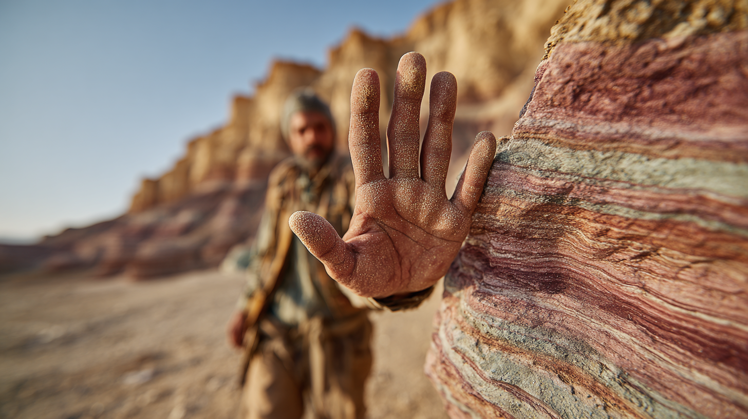 Close-up of a hand touching layered rock formations in Balochistan.