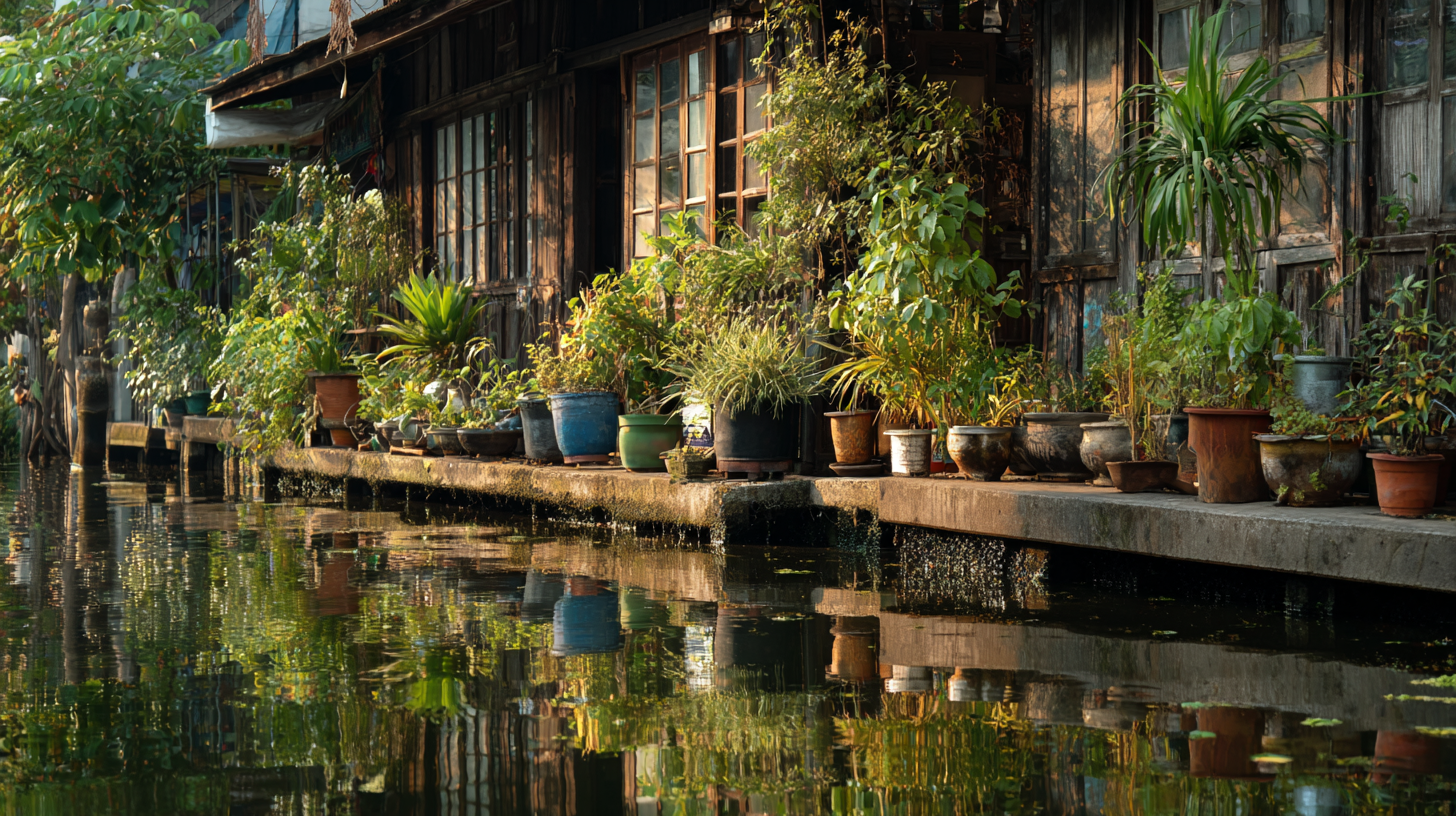 Close-up of wooden canal houses reflecting on calm water.