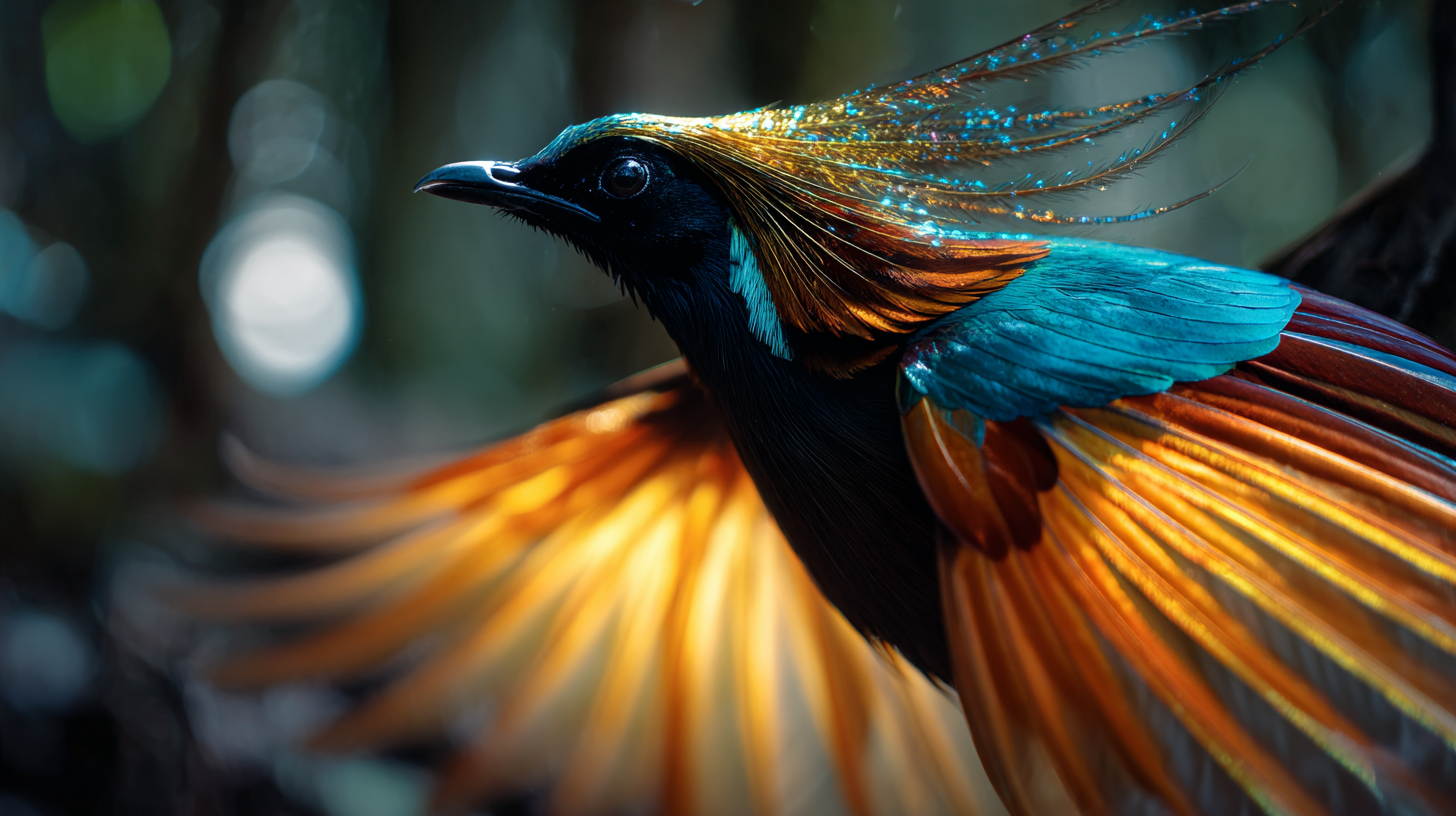 Close-up of a male bird-of-paradise in vivid courtship display.