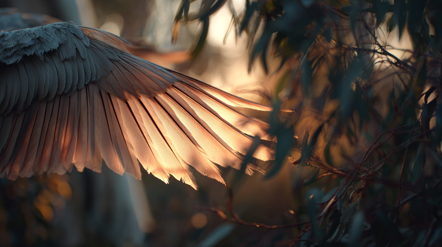 Close-up of bird wing with warm light shining through feathers.