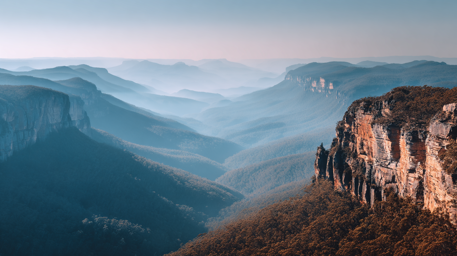 Sandstone cliffs surrounded by blue eucalyptus mist.