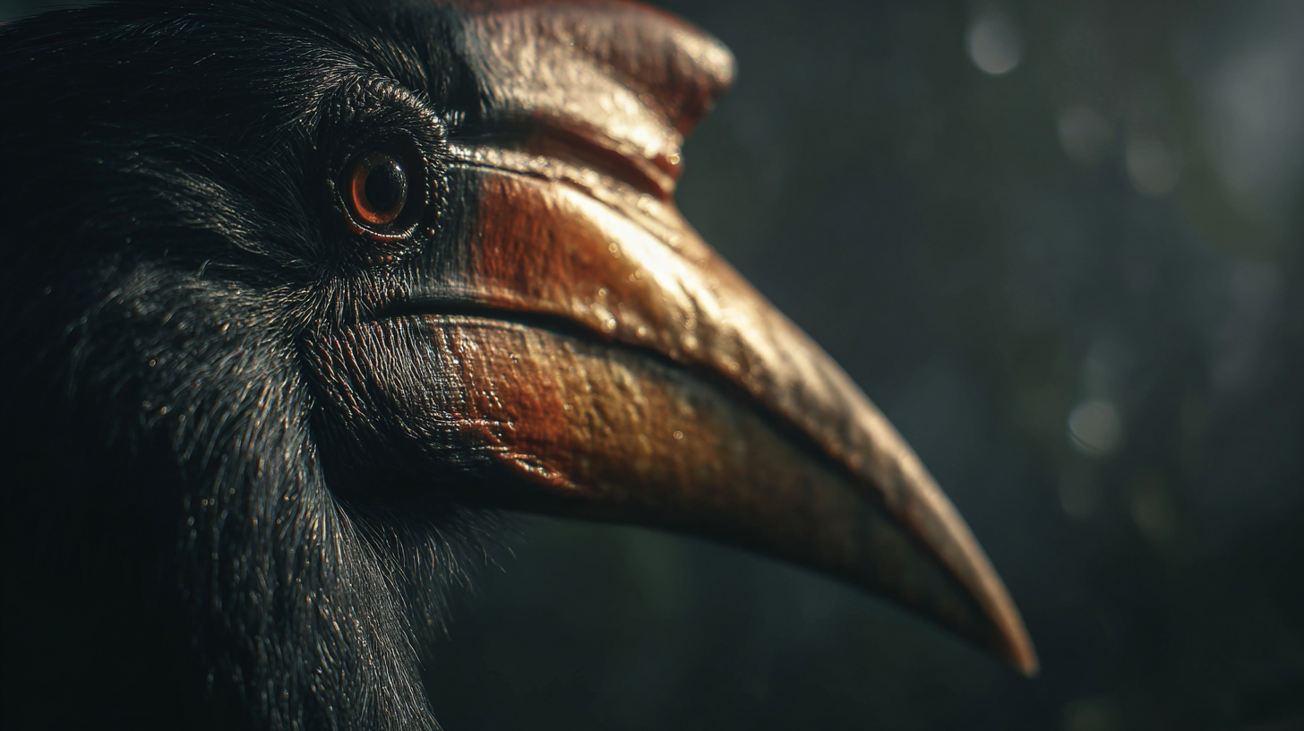 Close-up of a rhinoceros hornbill in Borneo’s misty rainforest.