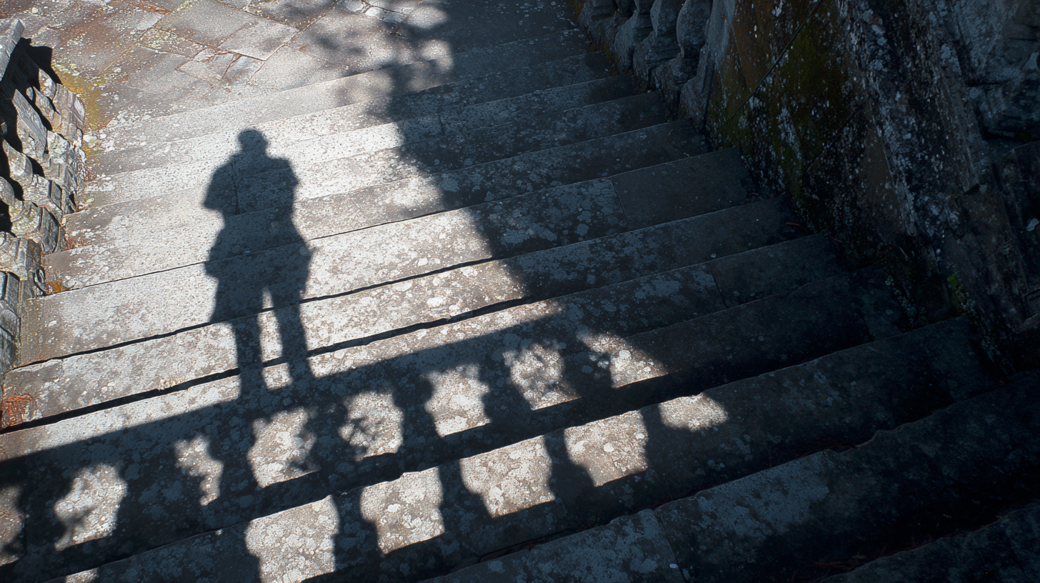 Close-up of a traveler climbing the baroque steps of Bom Jesus in Braga.