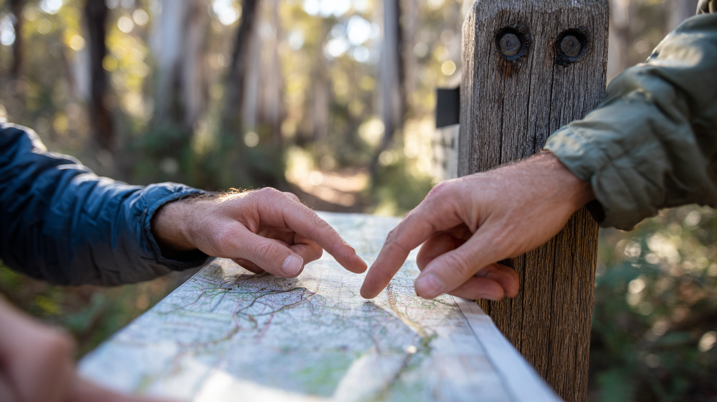 Close-up of two hikers looking at a map in soft forest light.