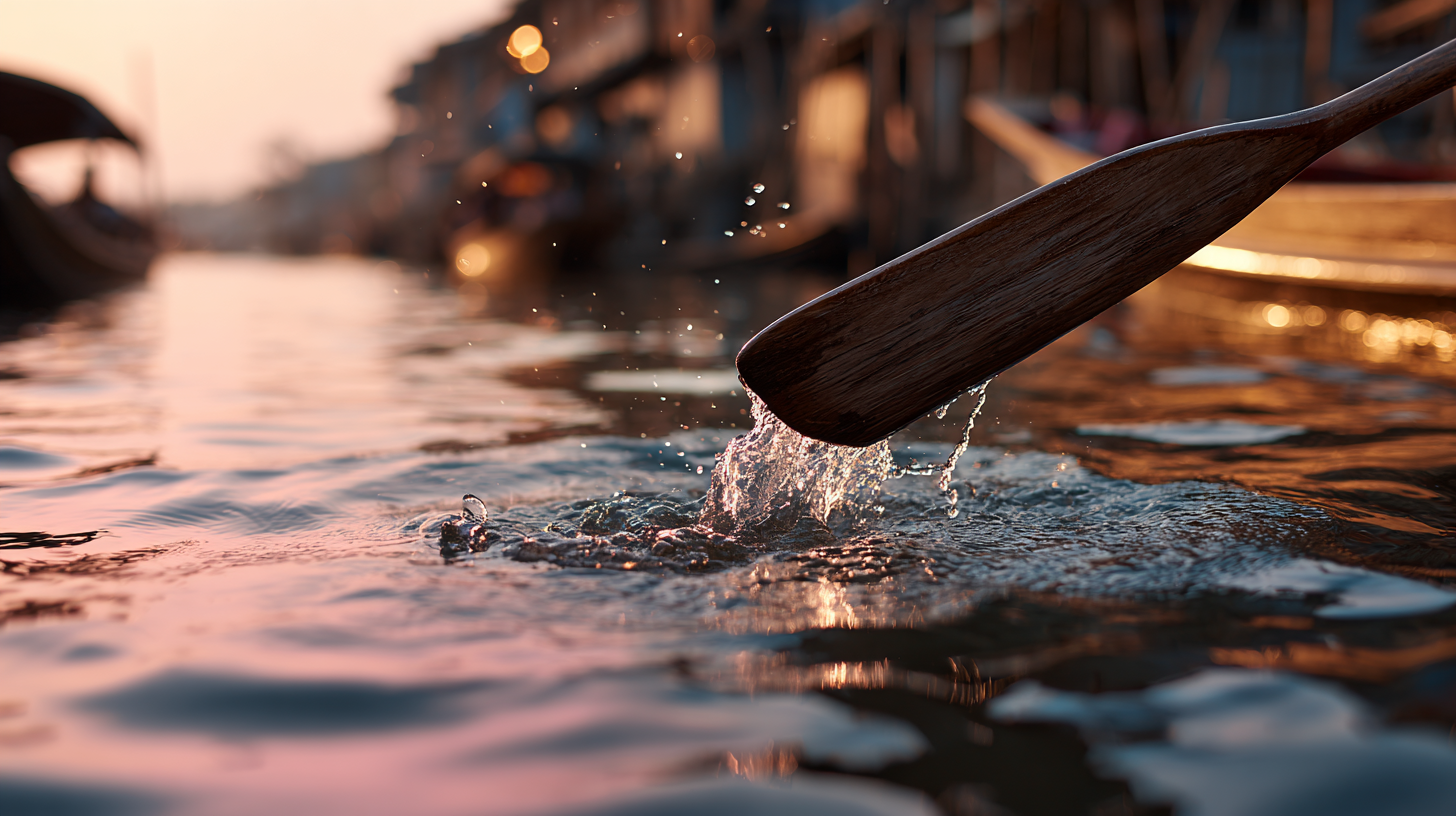 Thailand floating markets with traditional wooden boats on calm water