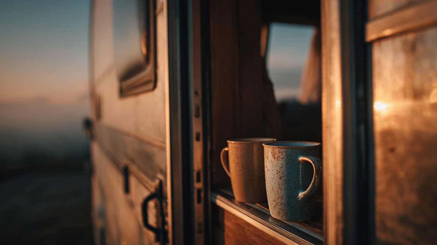 Close-up of a caravan doorway with two travelers relaxing at sunset.