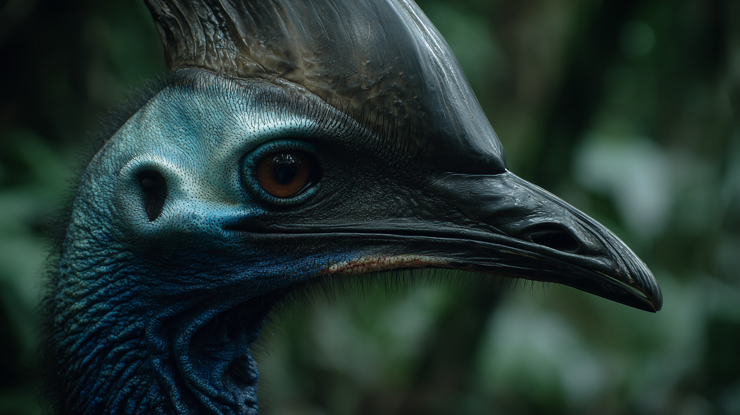 Dramatic close-up silhouette of a cassowary in rainforest light.