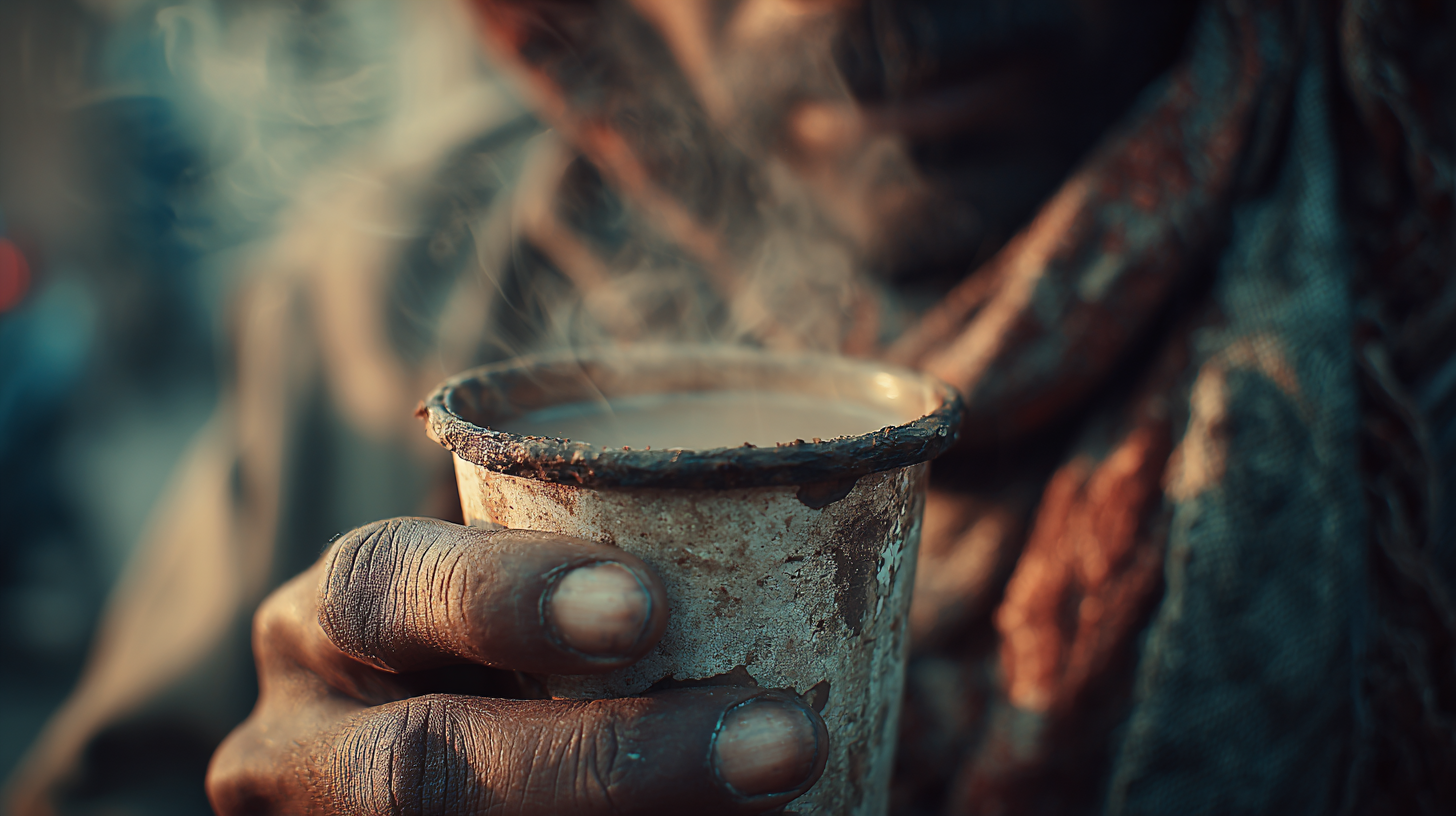 Hands holding Pakistani chai at a traditional dhaba.