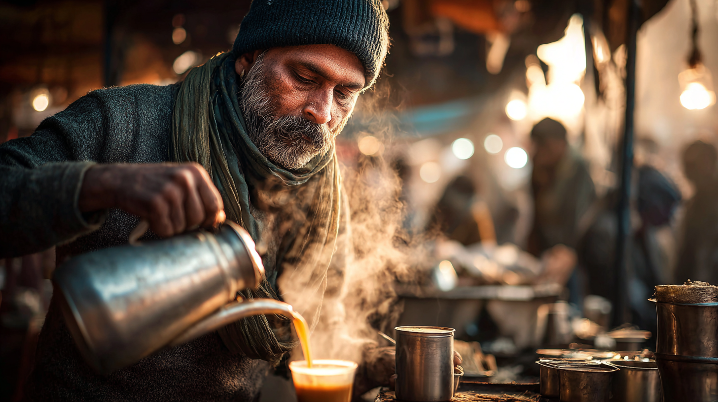 Close-up of a chai vendor pouring tea at a dhaba.
