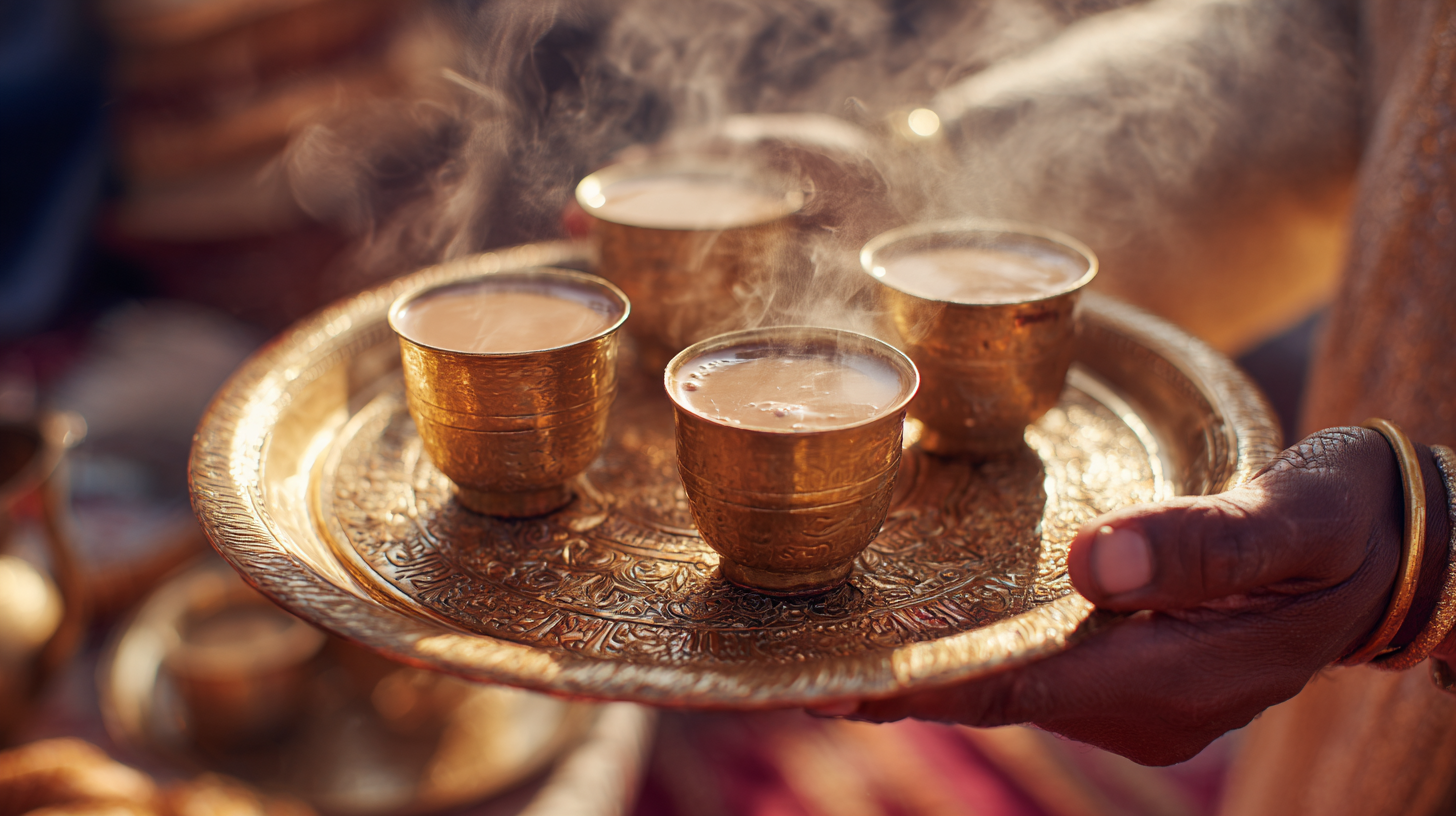 Close-up of hands offering a tray of chai.