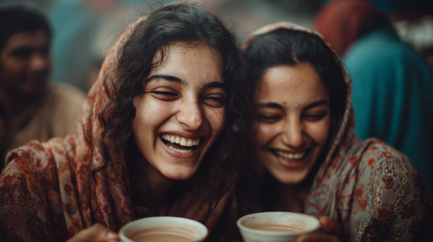 Close-up of friends sharing chai together.
