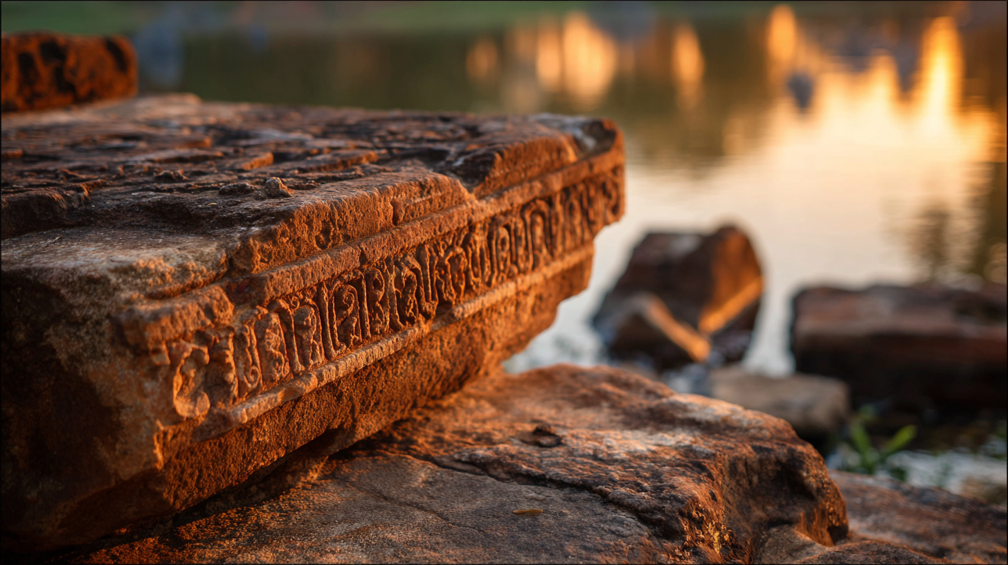 Close-up of carved sandstone glowing in sunset near Ayutthaya river.