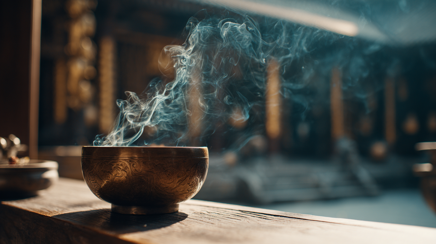 Close-up of incense smoke rising with soft temple light.