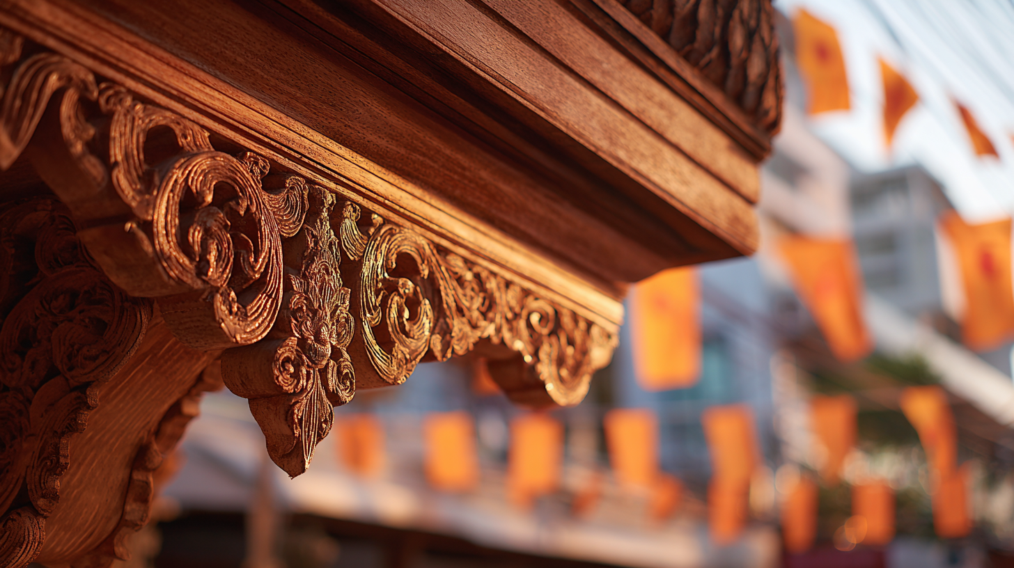 Close-up of carved Lanna woodwork glowing in warm light.