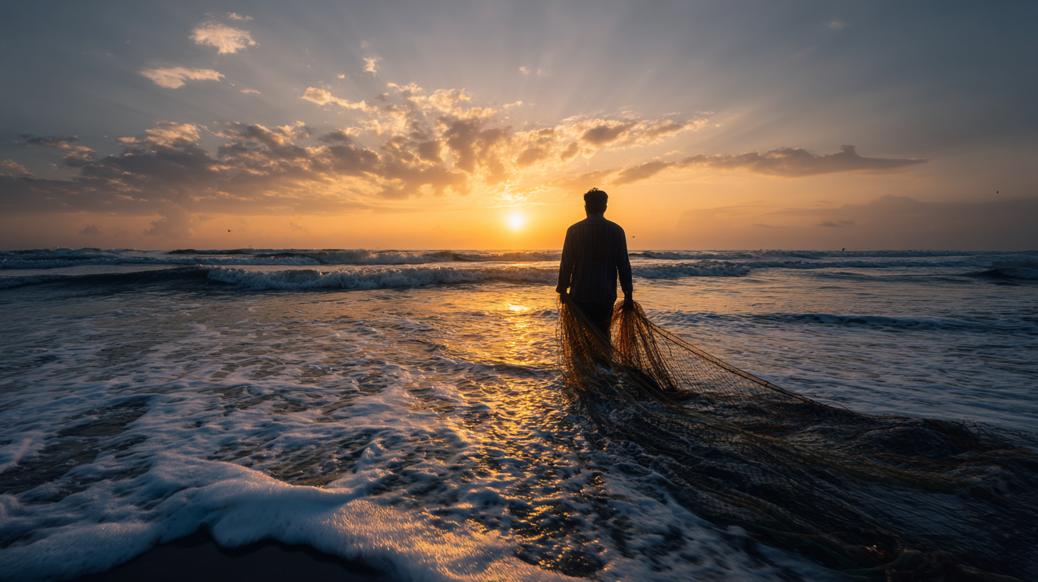 A fisherman standing at the shore with a net at sunset.