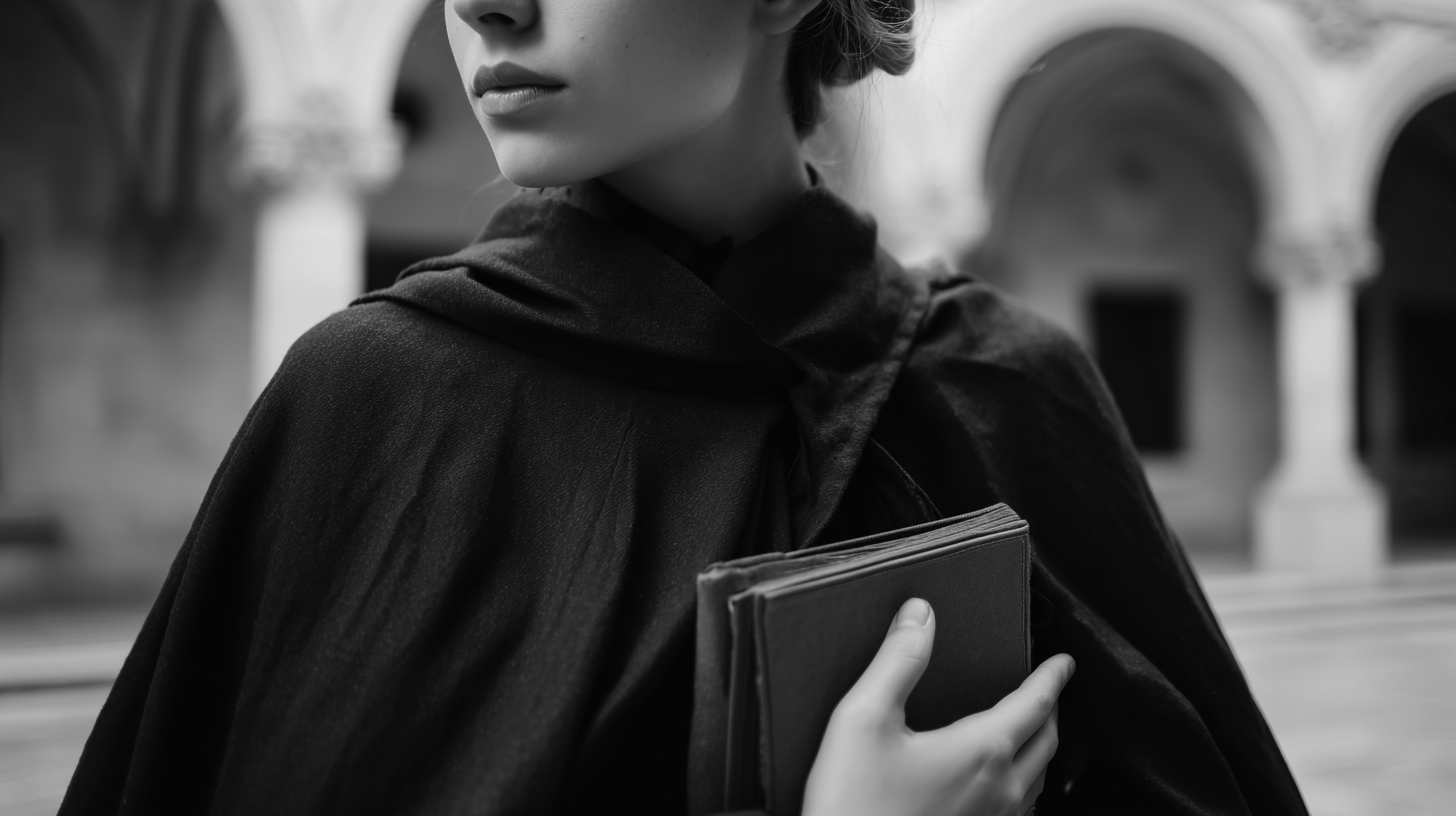 Close-up of a Coimbra student in a traditional academic cape.