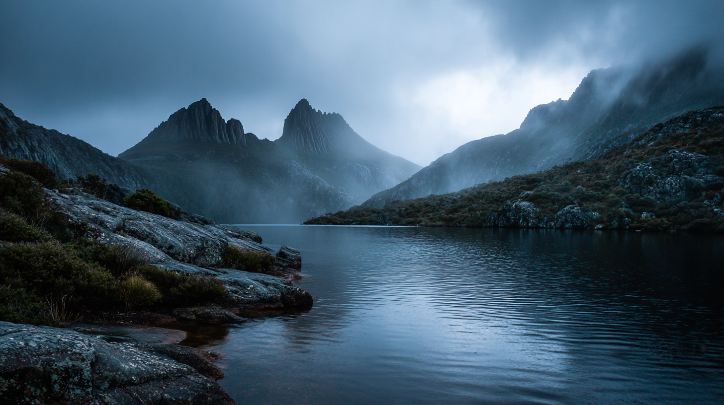 Misty Cradle Mountain reflected in a still alpine lake.