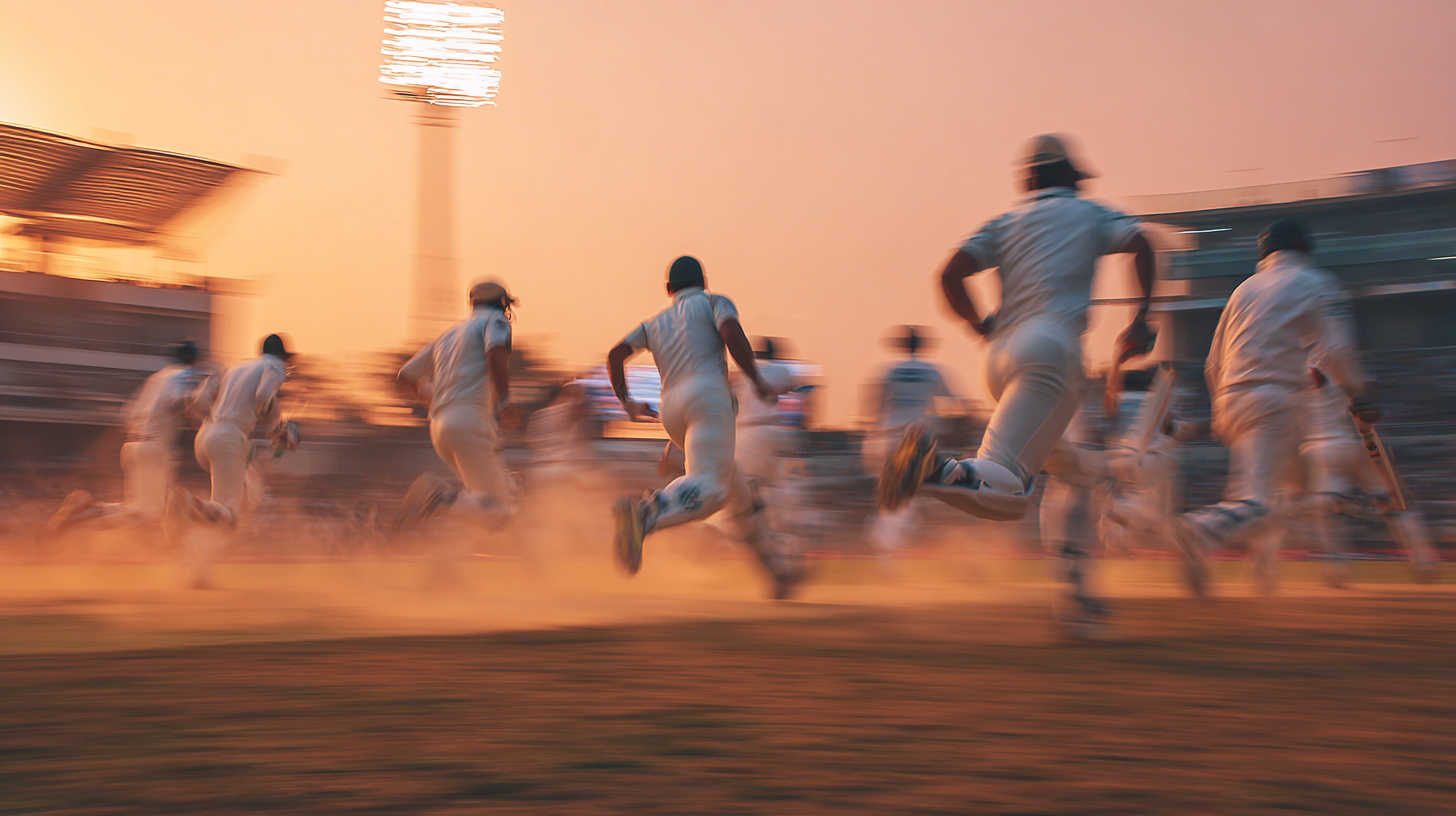 Blurred cricket players in motion under warm sunset stadium light.