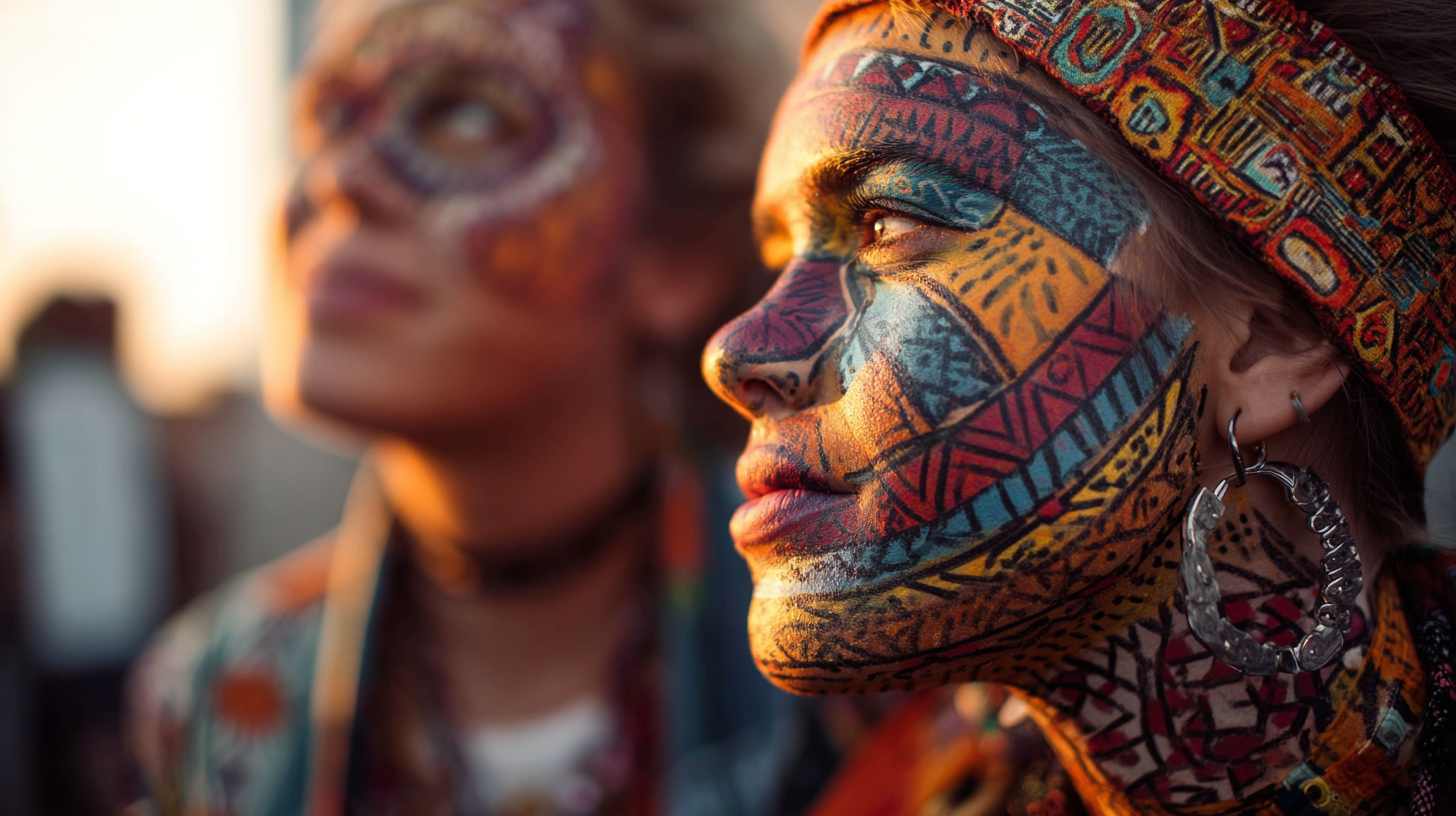 Close-up of colorful cultural patterns and warm festival light.