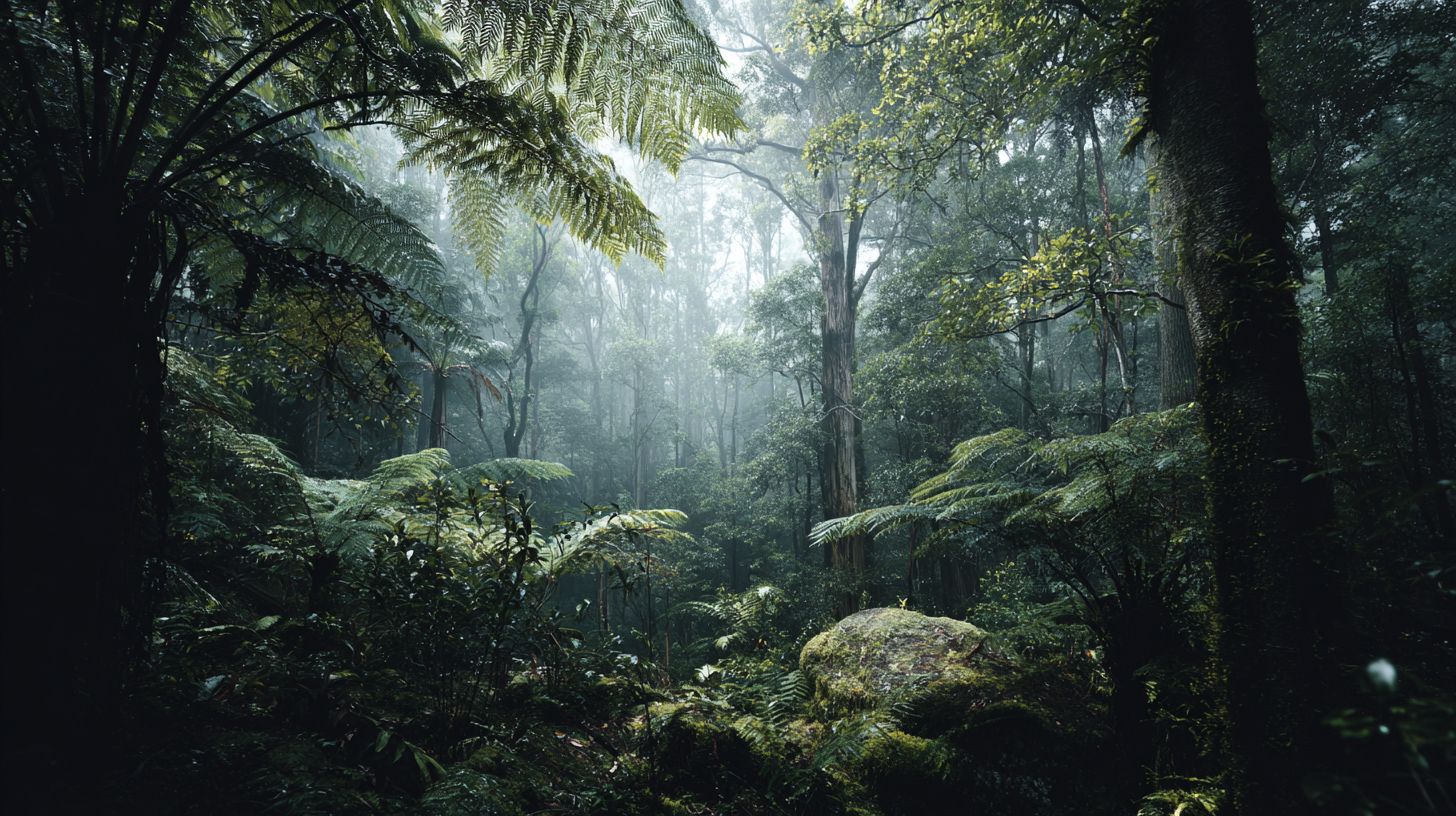 Mist filtering through ancient ferns in the Daintree Rainforest.