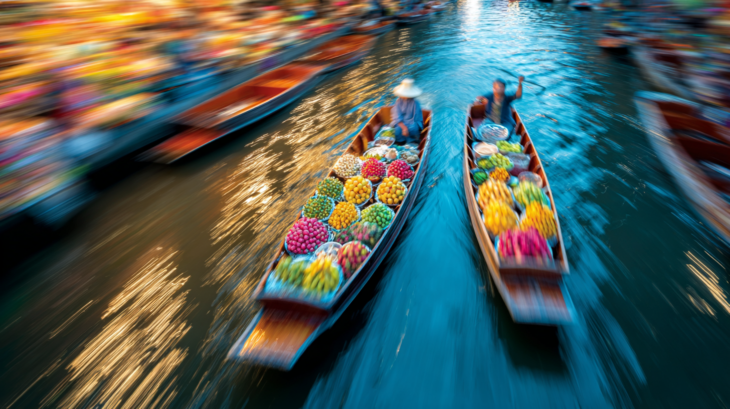 Close-up of colorful boats moving through Damnoen Saduak market.
