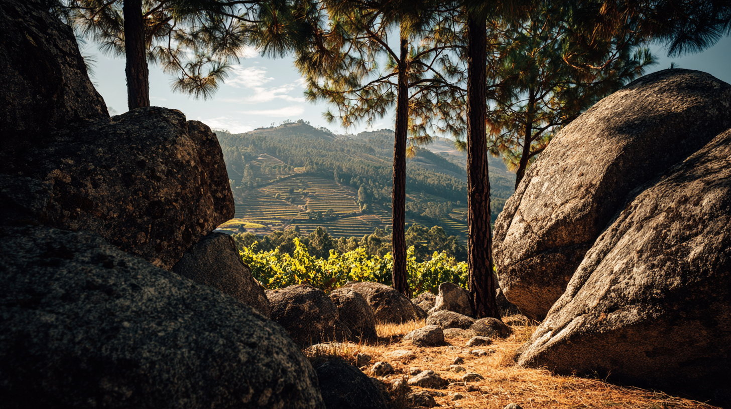 Dão vineyards among granite rocks and pines.