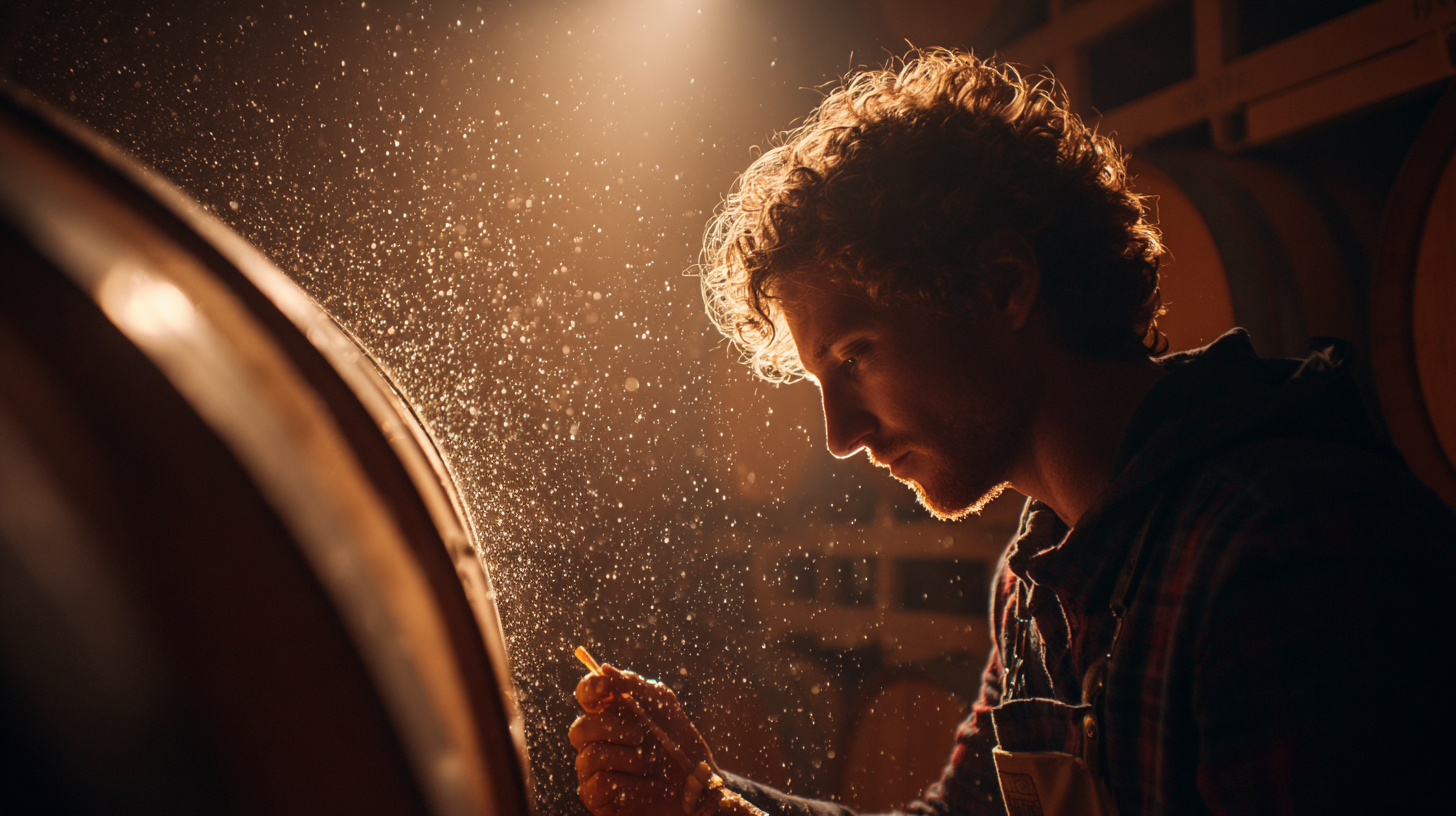 Close-up of a winemaker inspecting wine in a barrel.