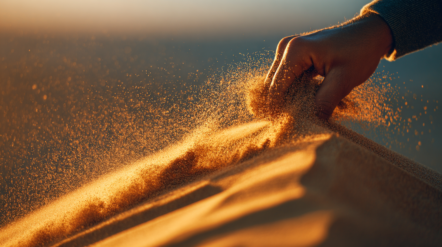 Close-up of a hand brushing sand on a desert dune.