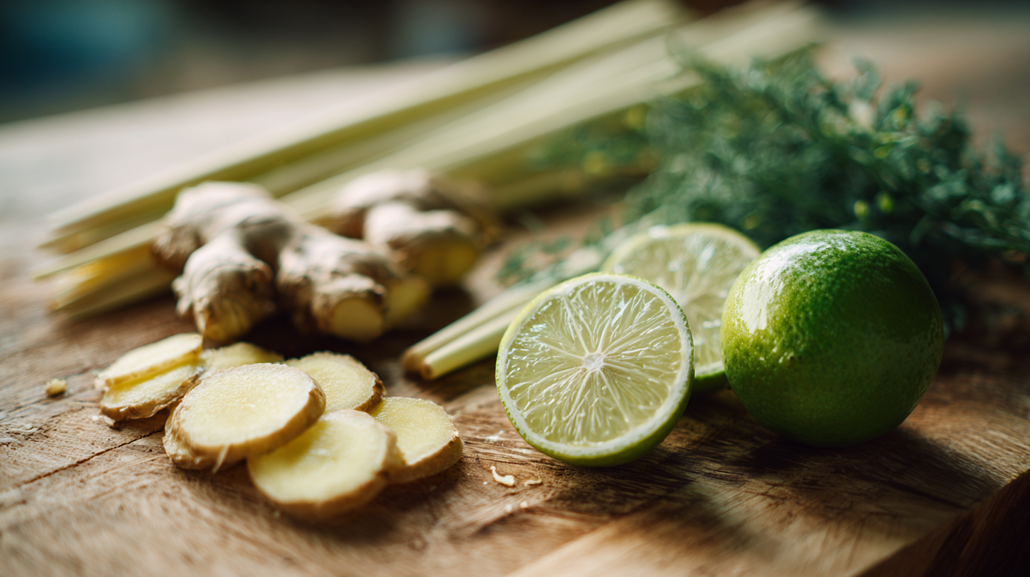Close-up of detox herbs and citrus arranged in soft natural light.