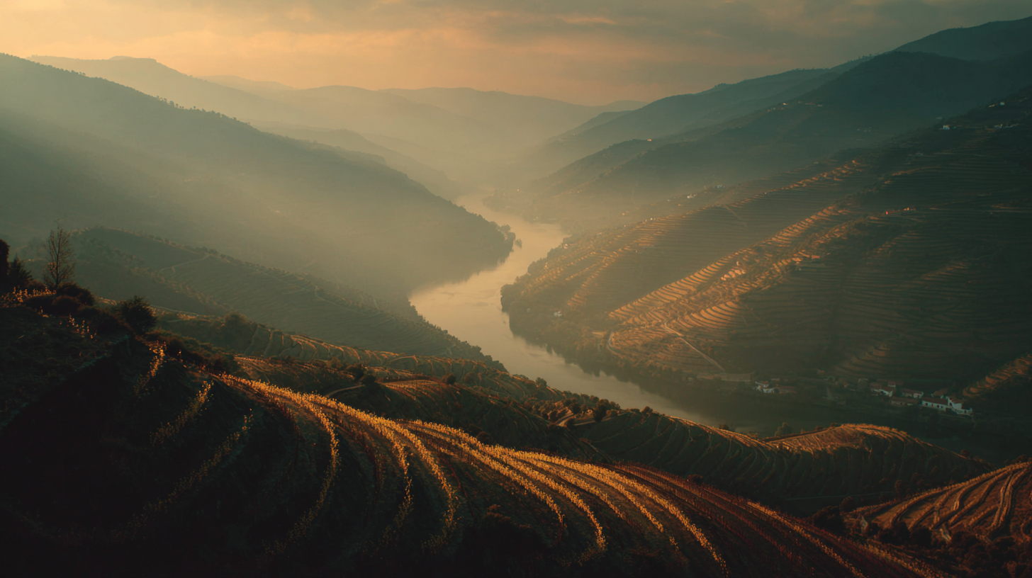Portugal wine traditions — Douro Valley terraces at sunrise.