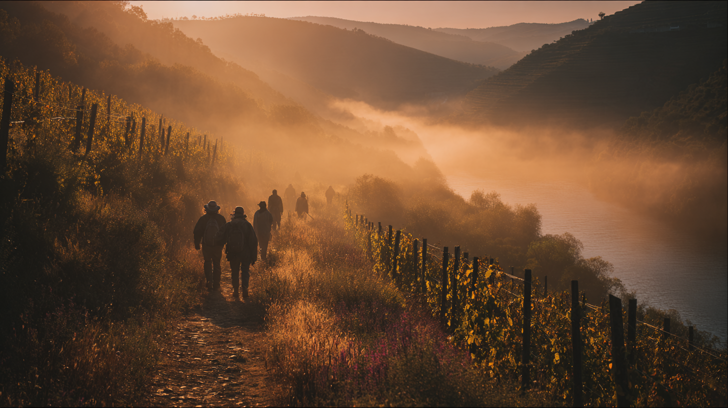 Travelers walking through vineyards in the Douro Valley.