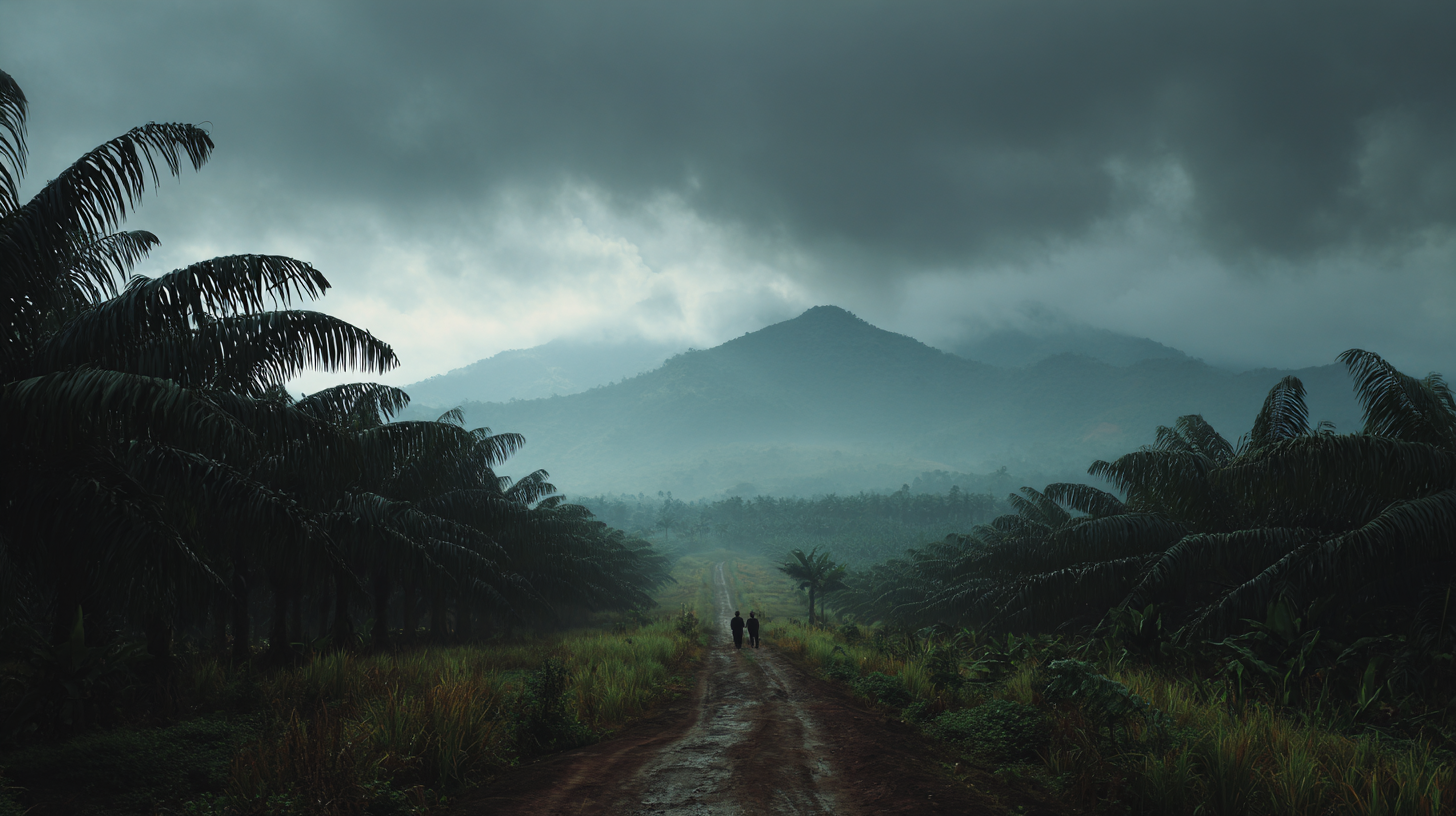 A moody plantation landscape symbolizing the transformations and hardships of Dutch colonial rule.